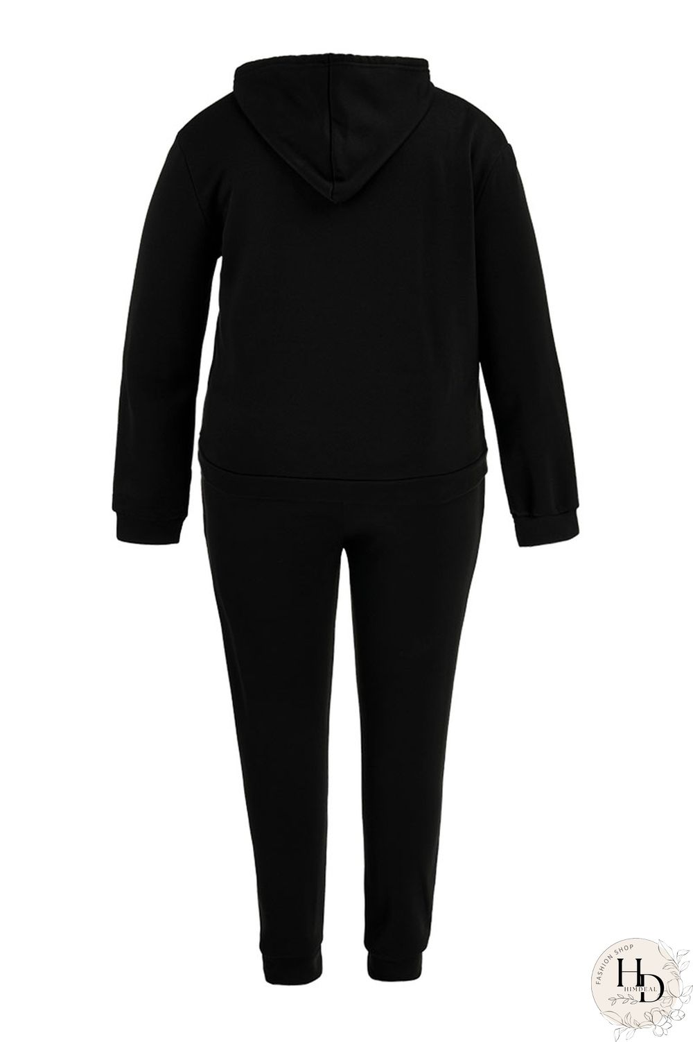 Black Fashion Casual Print Basic Hooded Collar Plus Size Two Pieces