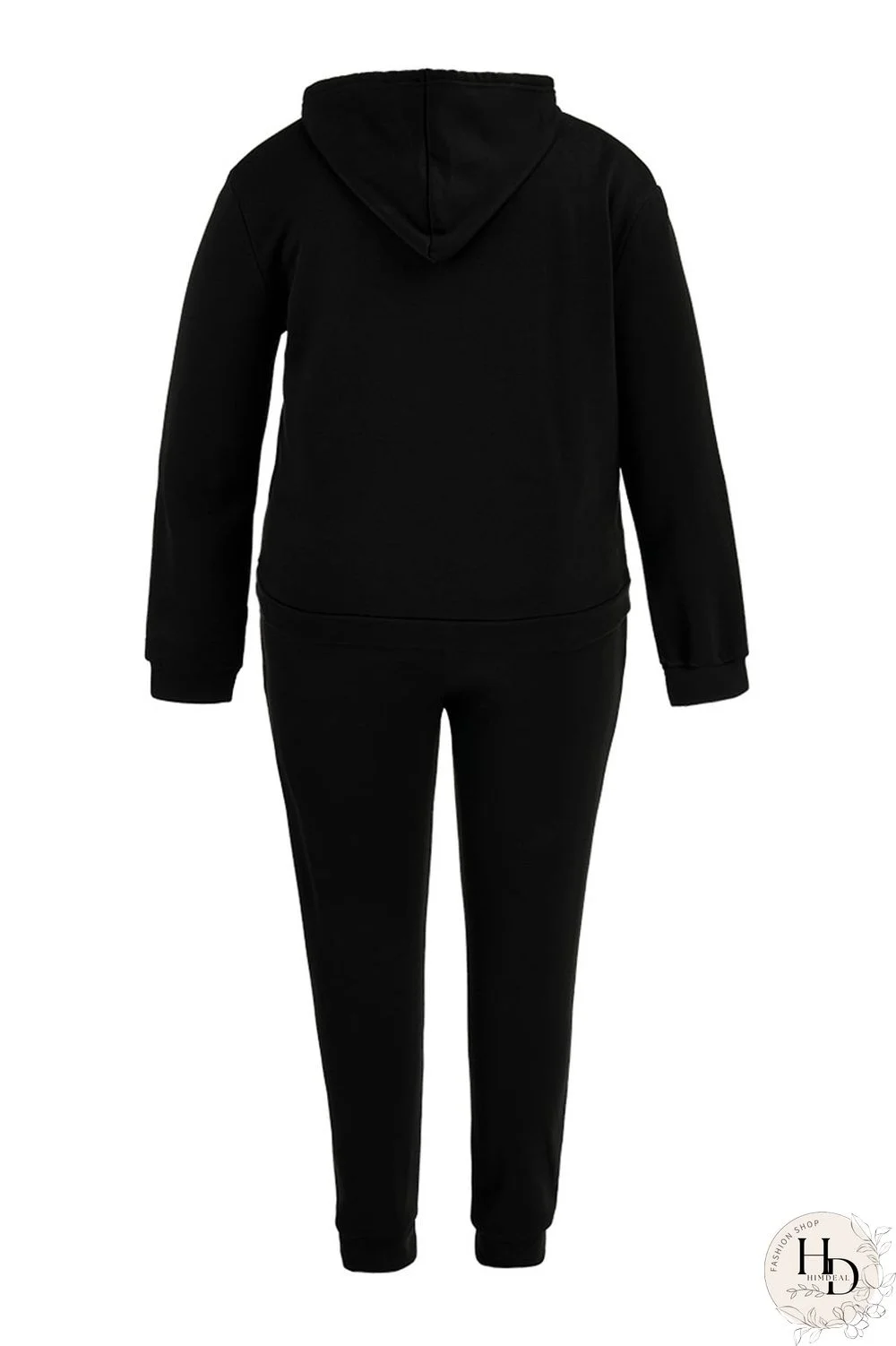 Black Fashion Casual Print Basic Hooded Collar Plus Size Two Pieces