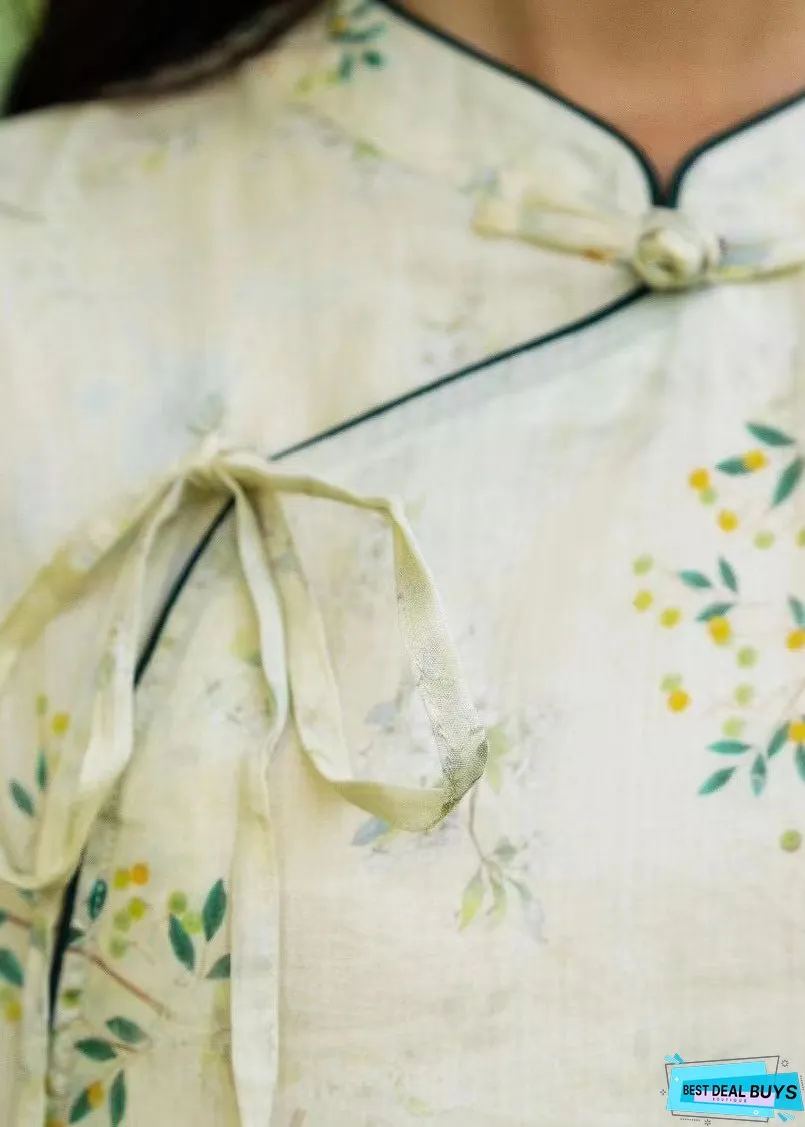 Vintage Beige Stand Collar Print Patchwork Linen Long Dresses Summer