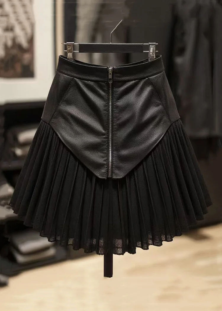 Stylish Black Zippered Wrinkled Patchwork Faux Leather Skirt Summer