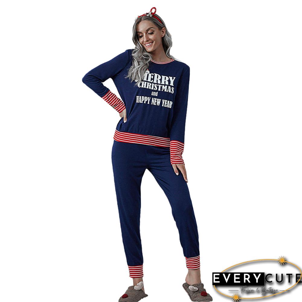 Navy Blue Merry Christmas Print Long Sleeve Loungewear Pajama Set