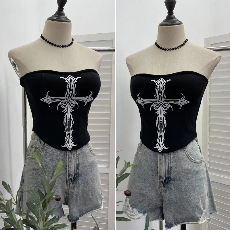 Nigikala Nigikala Cross Print Chest Vest Sling Female With Chest Cushions Anti-Slip Strip Short Babes Top 1298