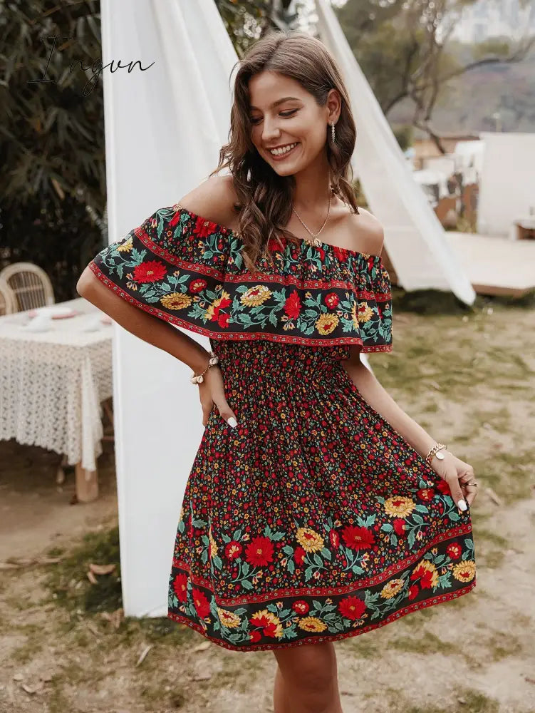 Ingvn - Bohemian Print Off-Shoulder Strapless Knee Length Dress Black / S