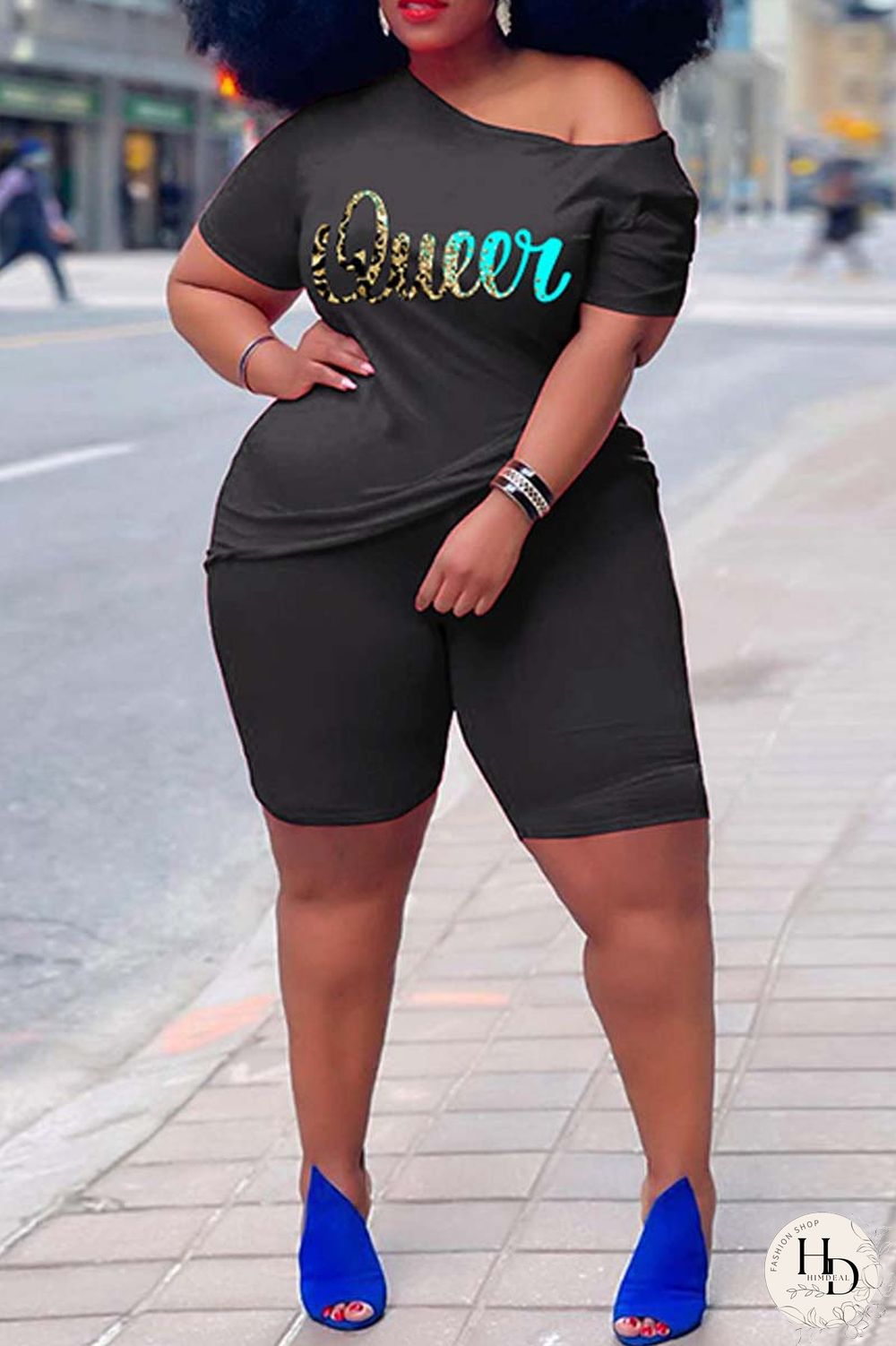 Rose Red Casual Print Basic Oblique Collar Short Sleeve Two Pieces