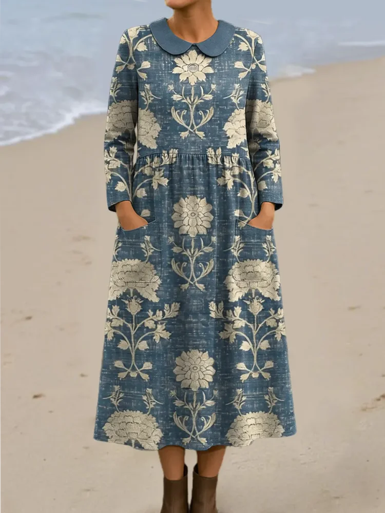 Women's Vintage Floral Art Print Casual Cotton Dress
