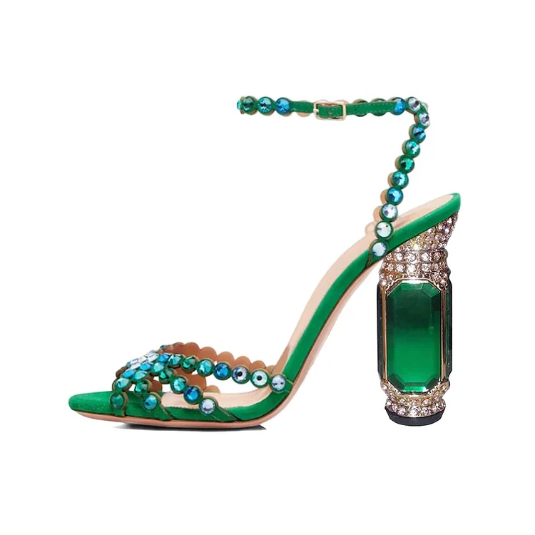 FSJ Green Strappy Rhinestone Sandals with Crystal Decorative Heel |FSJ Shoes