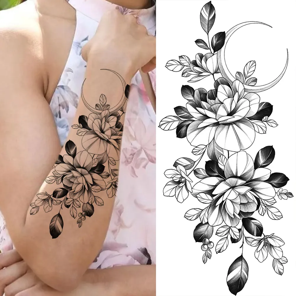 Sdrawing Sunflower Butterfly Temporary Tattoos For Women Adult Rose Flower Moon Fake Tattoo Arm Body Art Decoration Tatoo Paper