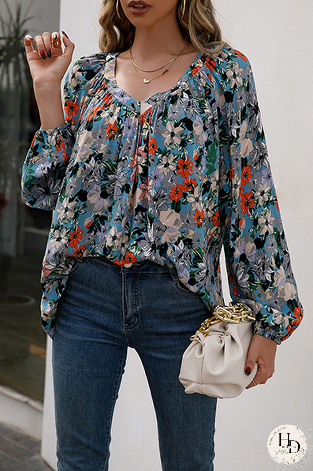 Fashion Casual Floral Split Joint Fold V Neck Tops