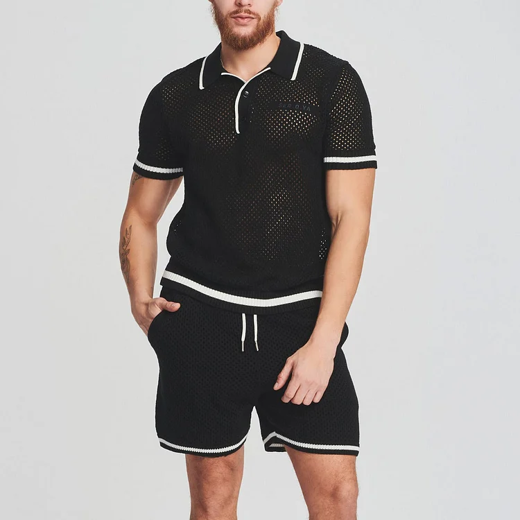 Breathable Solid Color Short Sleeve Shirt Beach Shorts Fashion Hollow Men Mesh Set at Hiphopee