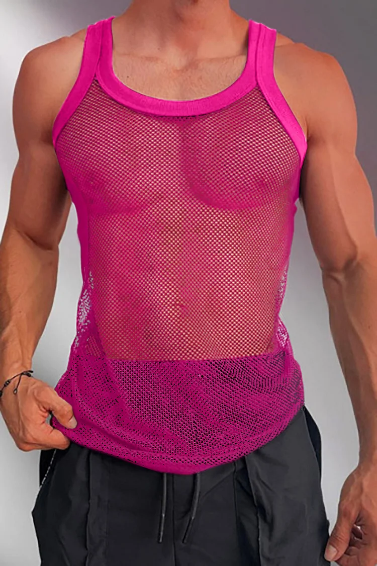 Casual Fishnet See Through Hot Pink Tank Top