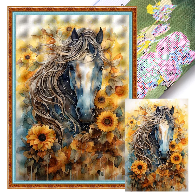Sunflowers And Horses 11CT Stamped Cross Stitch 40*60CM