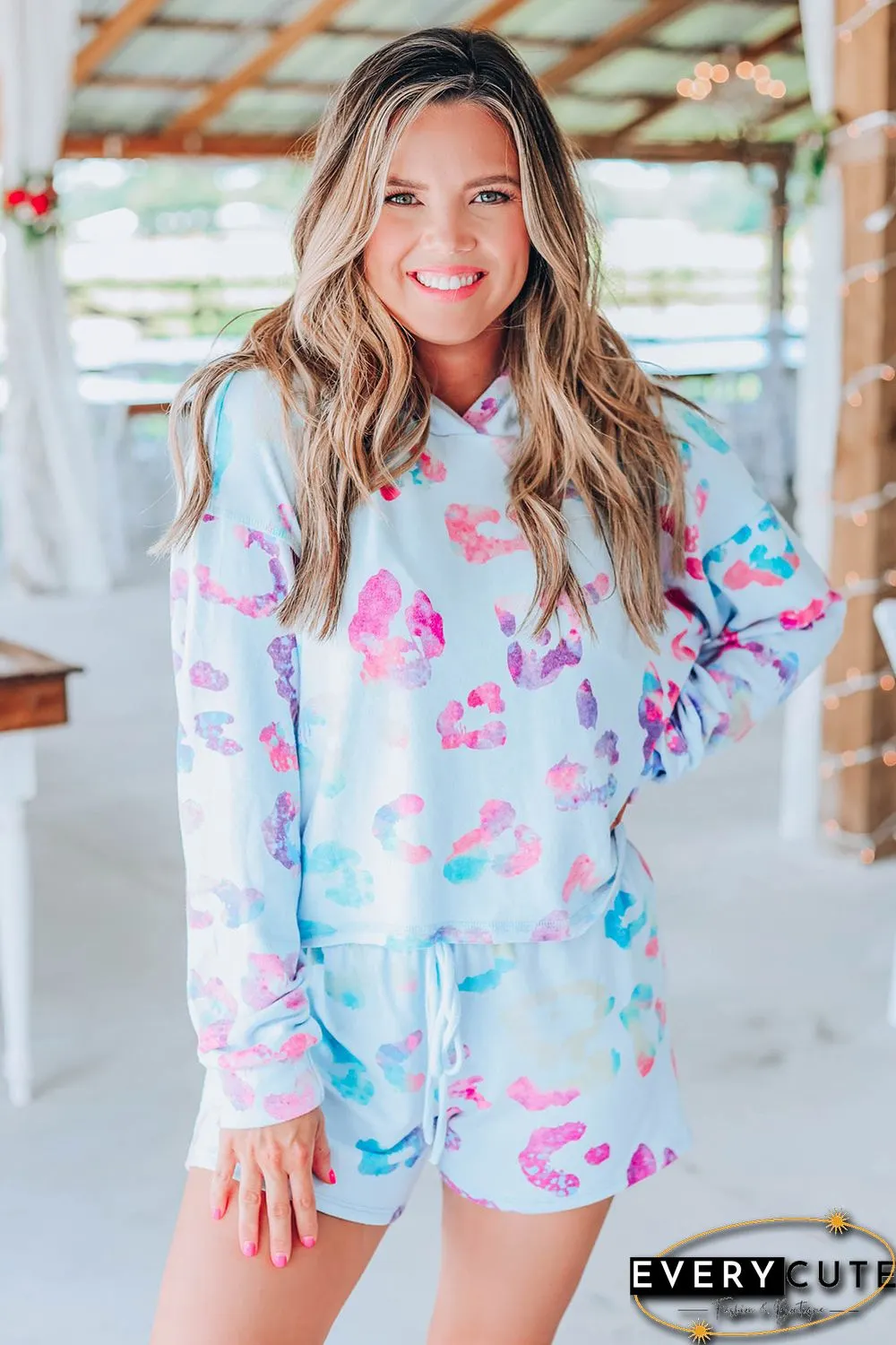 Sky Blue Leopard Print Hoodie and Shorts Set