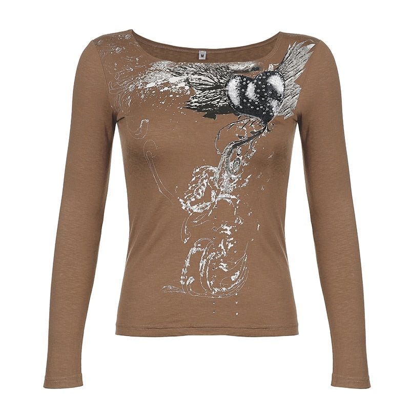 Darlingaga Retro Grunge Fairycore Rhinestone Long Sleeve T-shirts Women Tops Fashion Heart Wings Print Autumn Pullover Aesthetic