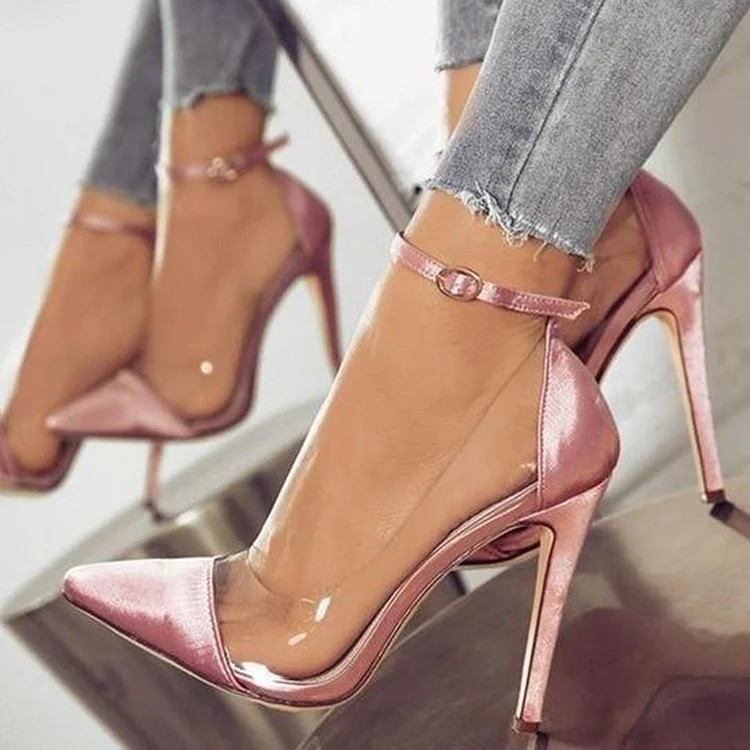 Pink Ankle Strap Satin Pumps Pointed Toe Stiletto Heels transparent Shoes |FSJ Shoes