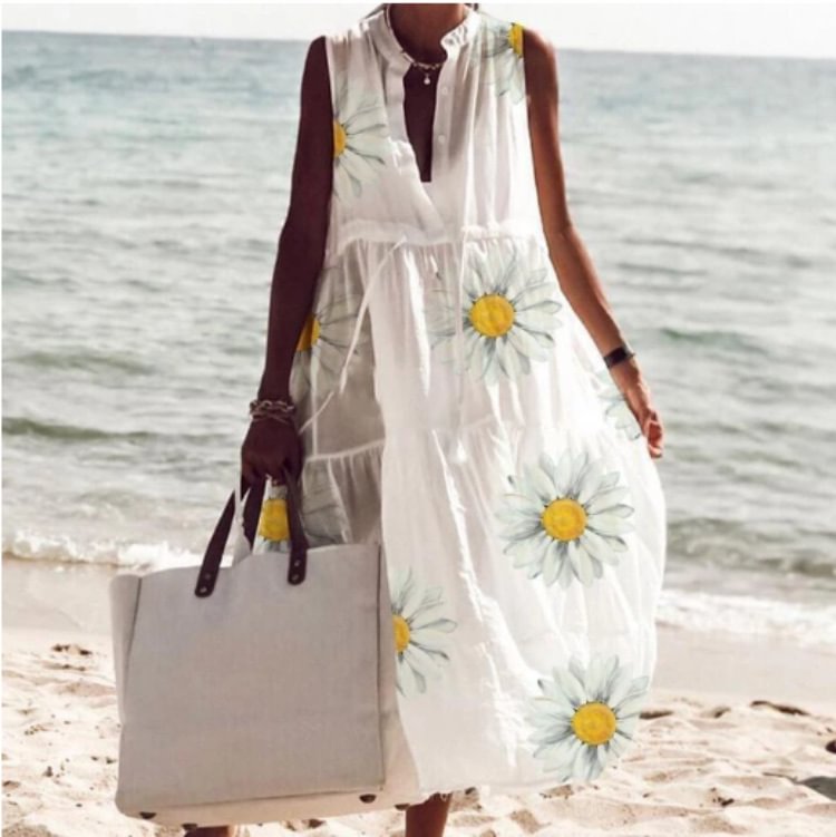 Daisy Print V-neck Sleeveless Beach Dress For Women MusePointer