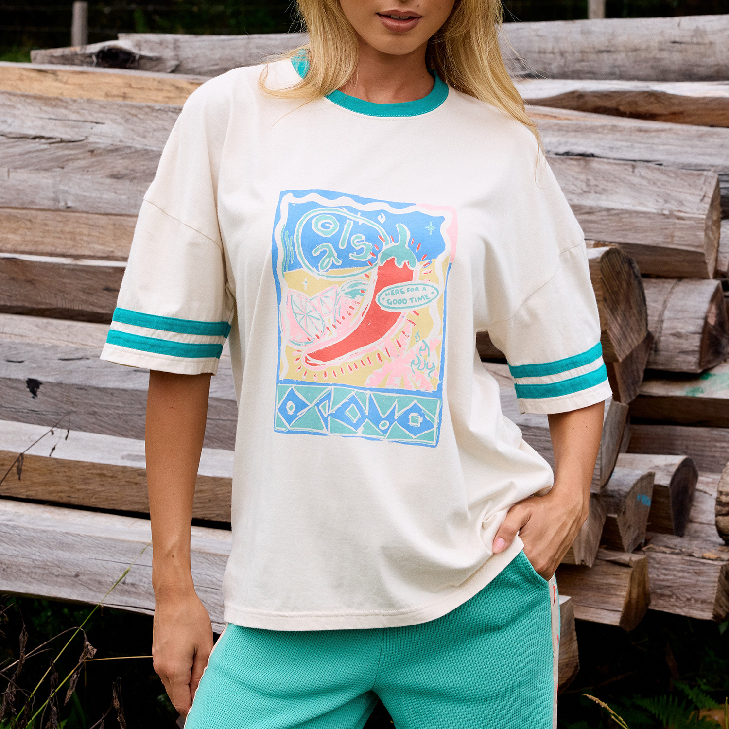 Retro Casual Ladies Oversized Color Matching T-shirt Holiday Seaside Washed Surfing T-shirt Skateboard T-shirt