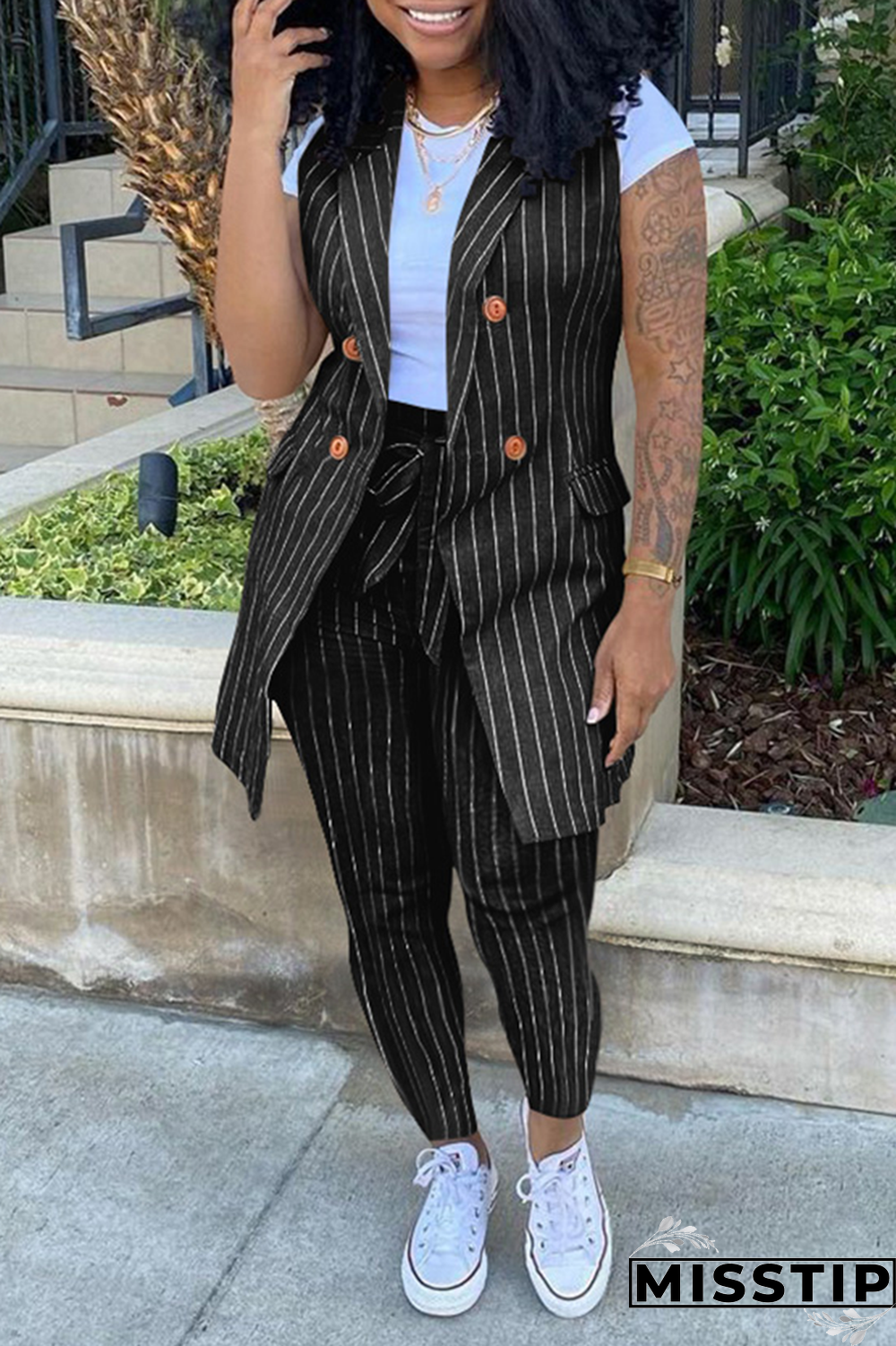 Grass Green Casual Striped Patchwork Turndown Collar Sleeveless Two Pieces