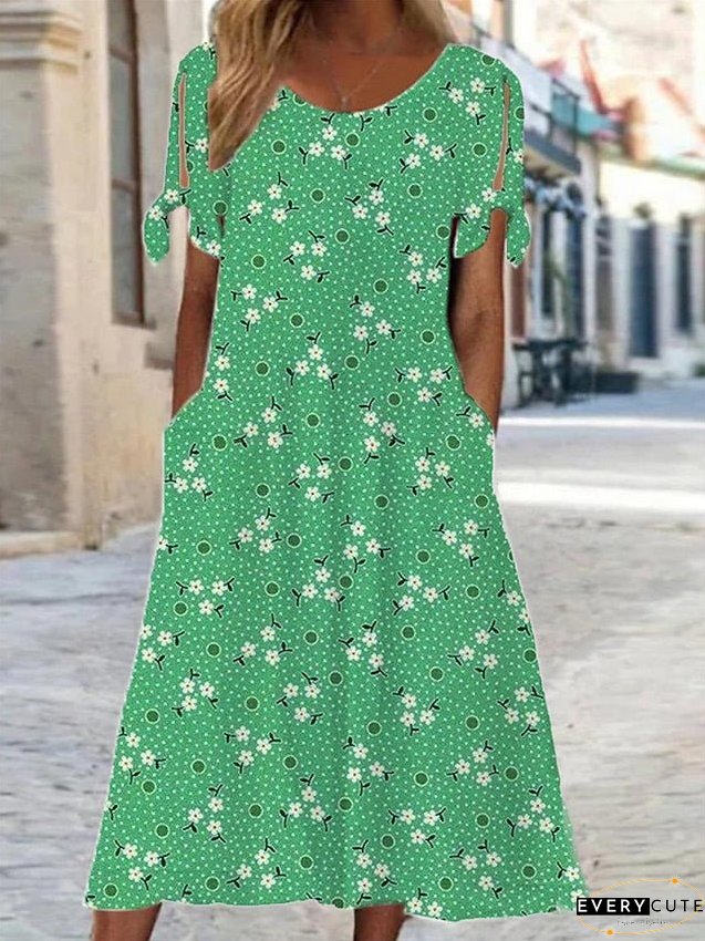 Casual Dress Floral Summer Ditsy Pocket Cold Shoulder Neck Midi Fashion Streetwear Outdoor