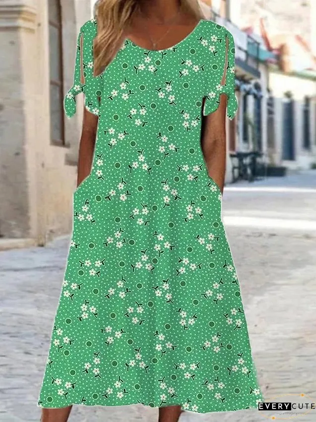 Casual Dress Floral Summer Ditsy Pocket Cold Shoulder Neck Midi Fashion Streetwear Outdoor