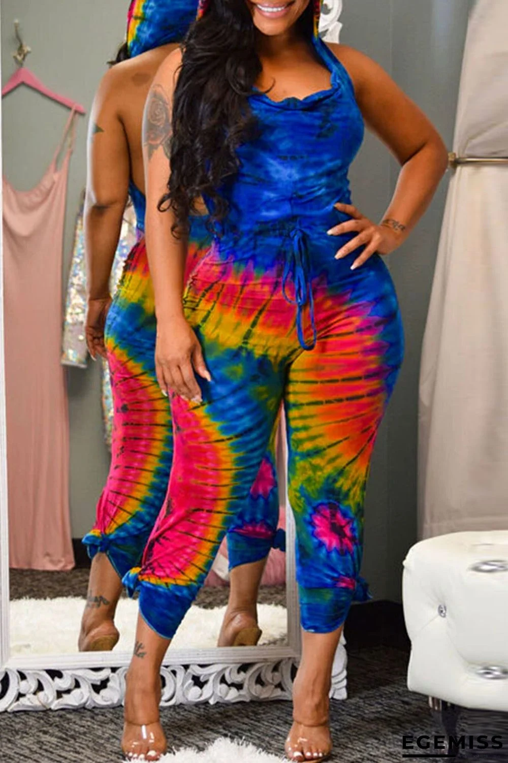 Blue Fashion Sexy Print Tie Dye Backless Hooded Collar Skinny Jumpsuits | EGEMISS