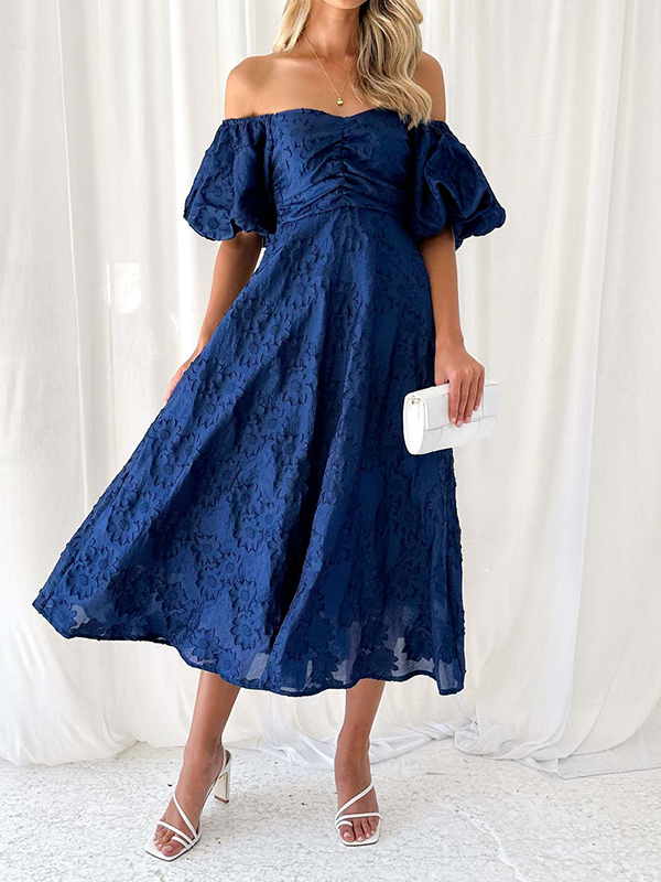 Lace Detail Puff Sleeve Off The Shoulder Ruched Midi Dress
