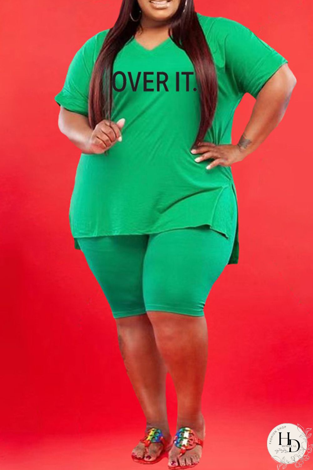 Black Fashion Casual Letter Print Slit V Neck Plus Size Two Pieces