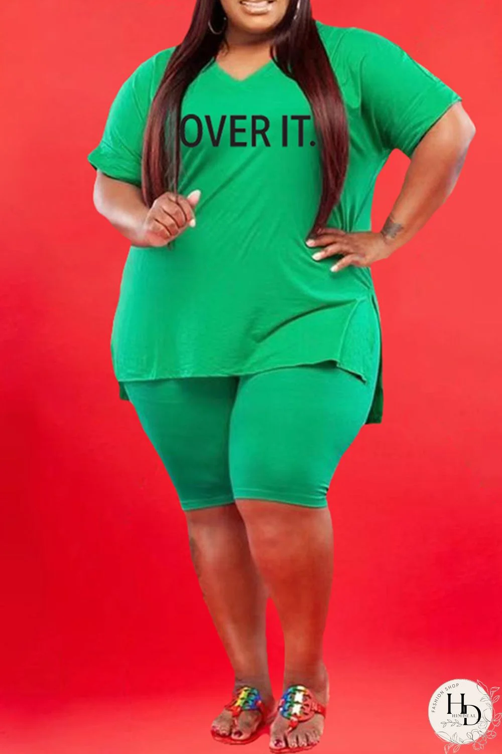 Black Fashion Casual Letter Print Slit V Neck Plus Size Two Pieces