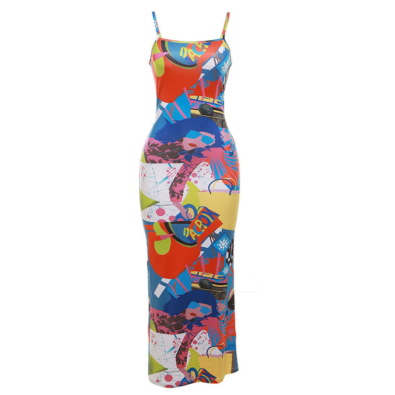 Summer Women Clothing Cartoon Print Strap Backless Sexy Slim Fit Slimming Dress