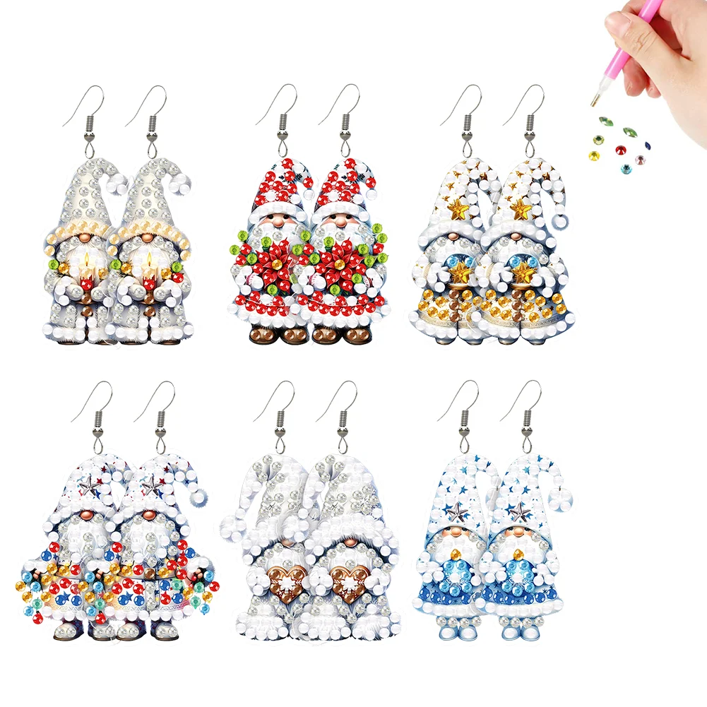 6 Pairs Christmas Gnome Double Sided Diamond Painting Earrings Jewelry