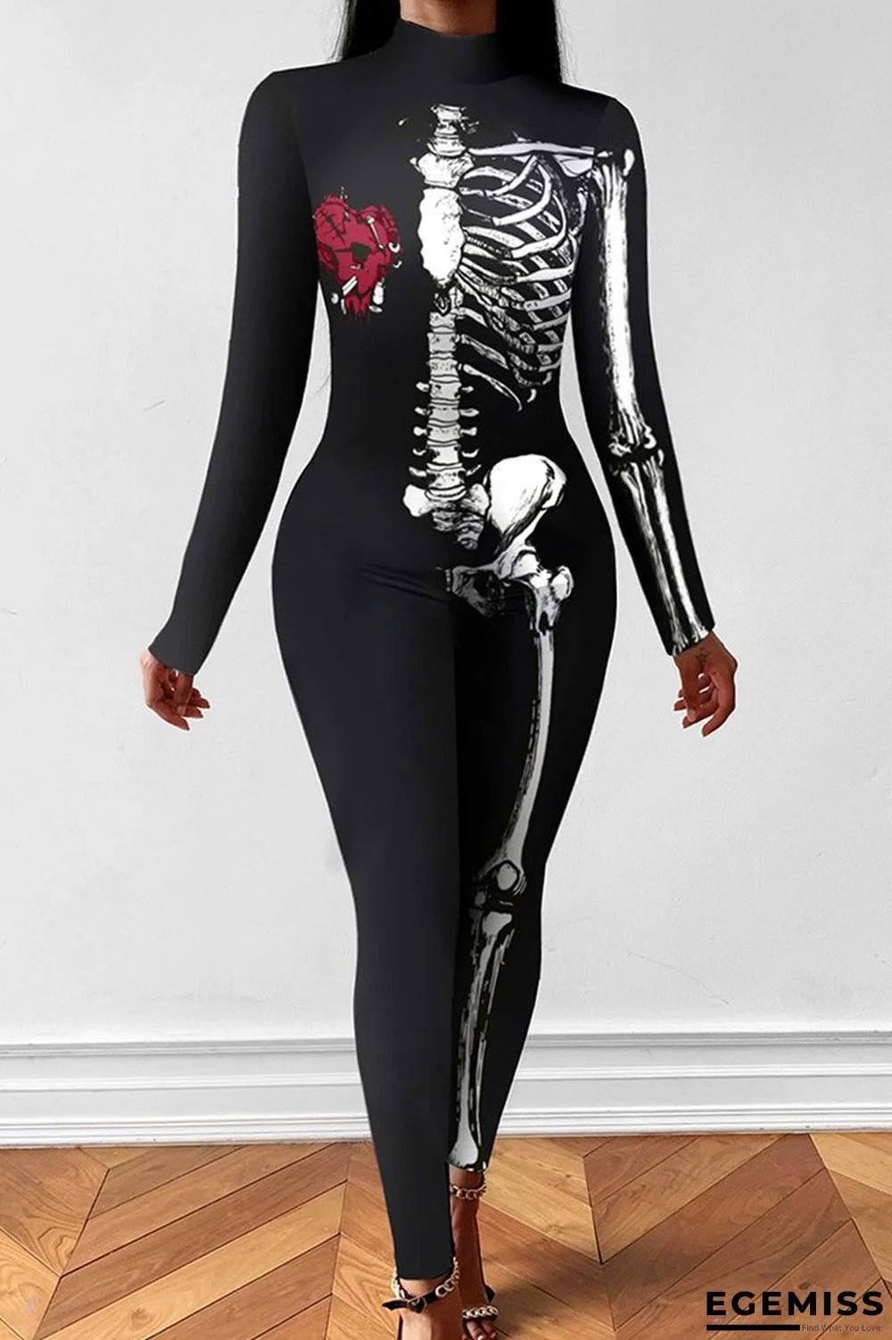 Black Punk Print Patchwork Half A Turtleneck Skinny Jumpsuits | EGEMISS