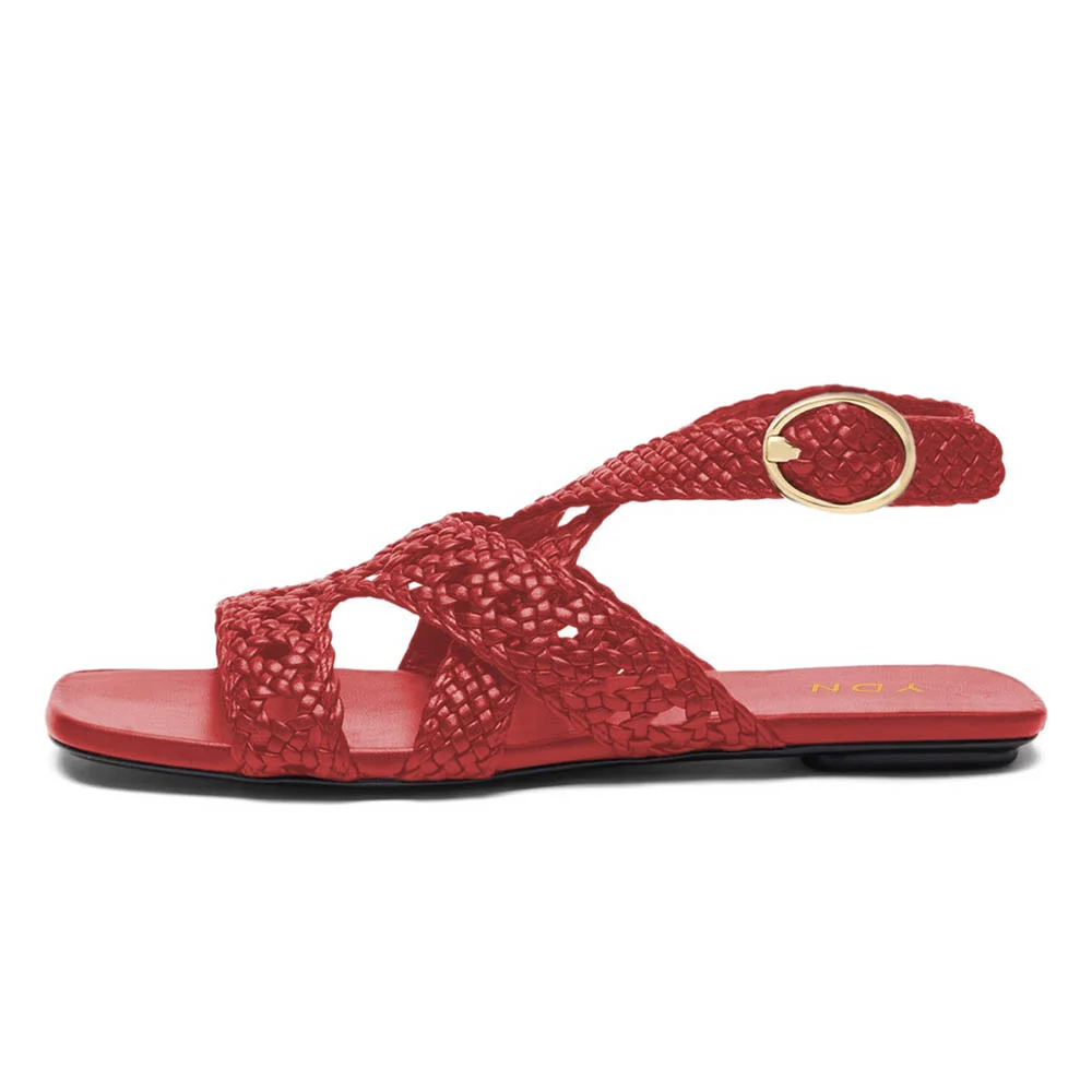 Red Open Square Toe Cross Ankle Strap Flat Women's Sandals with Braid