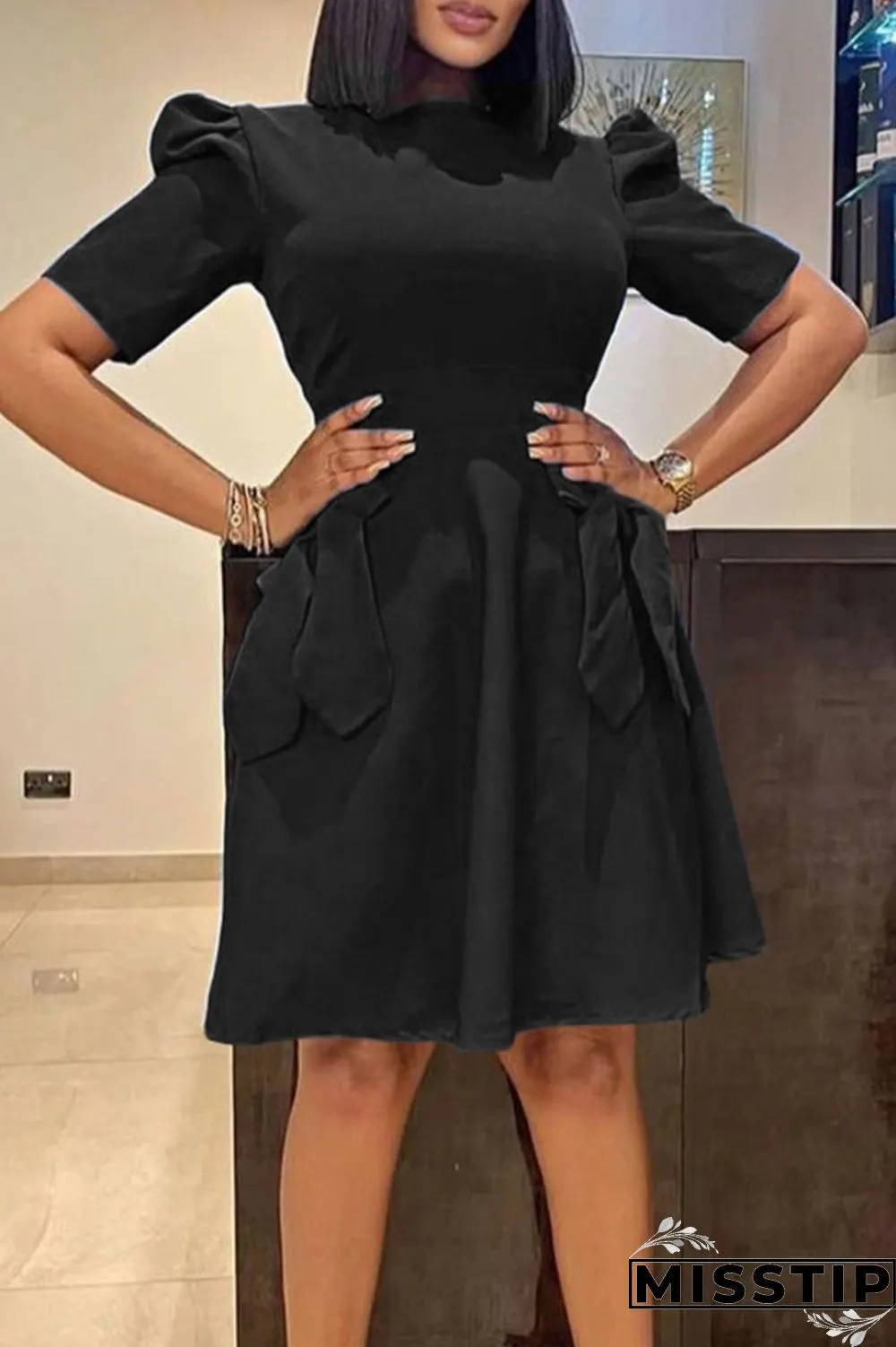 Orange Casual Solid Patchwork With Bow O Neck Short Sleeve Dress