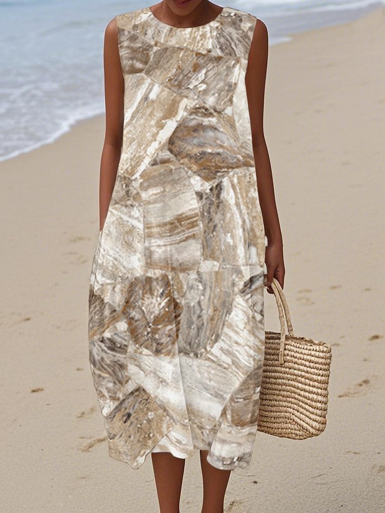 Women's  Marble texture Print Cotton and Linen Dress