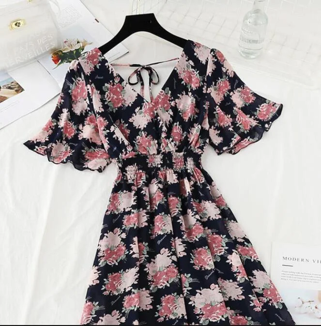Summer Vintage Floral Chiffon Long Dress Sexy V-neck Ruffle Boho Dresses 2021 Elegant Women Party Short sleeve Dress Vestidos