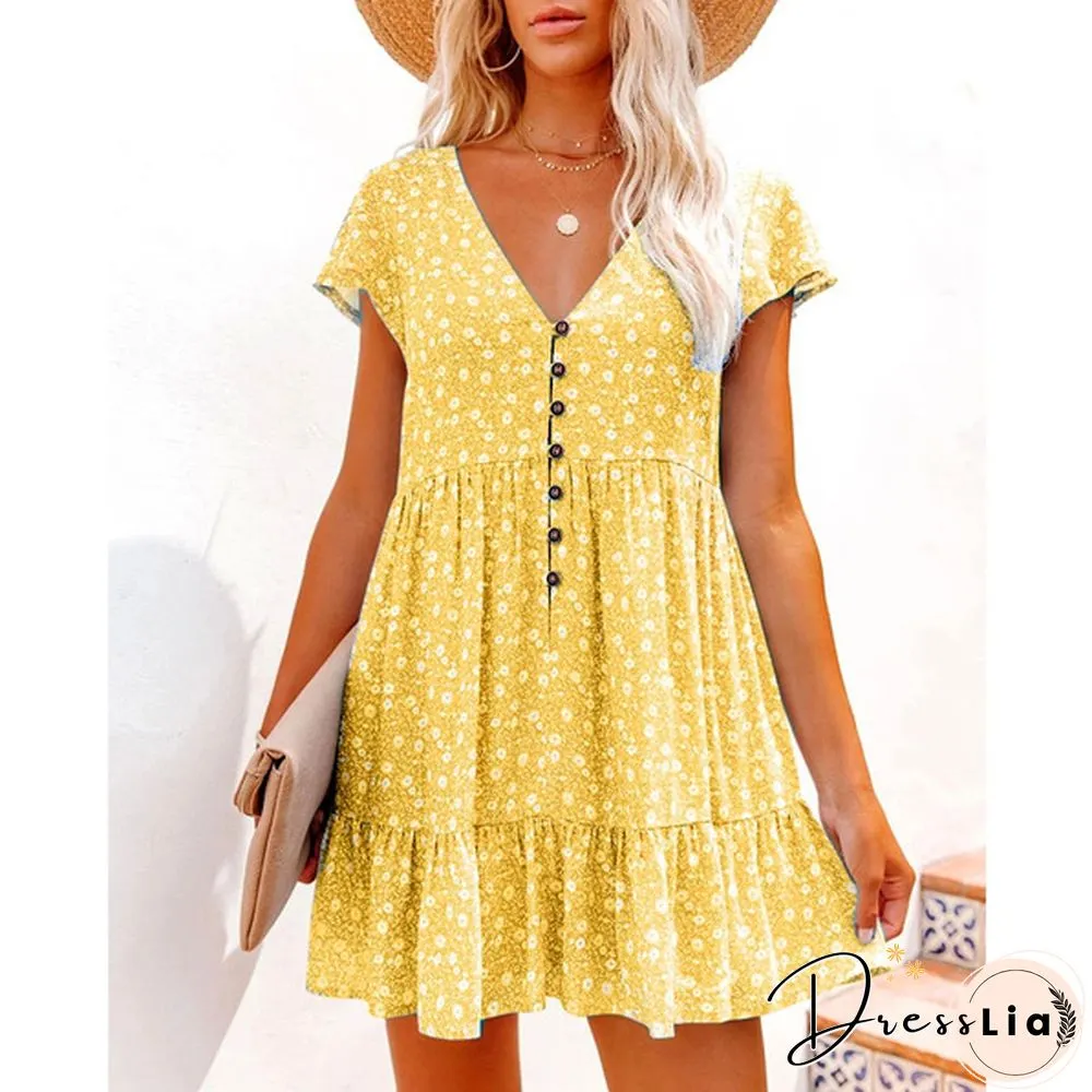 XS-8XL Spring Summer Dresses Plus Size Fashion Clothes Women's Casual Short Sleeve Dress Ladies Button Up Floral Flower Printed Dress Patchwork Loose Mini Pleated Dress Beach Wear Short Party Dress