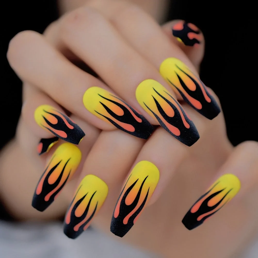 Fire Nails Matte Black Yellow Press on False Nails Extra Long Coffin Ballerina Frosted Glue On Fingersnails Free Adhesive Tapes