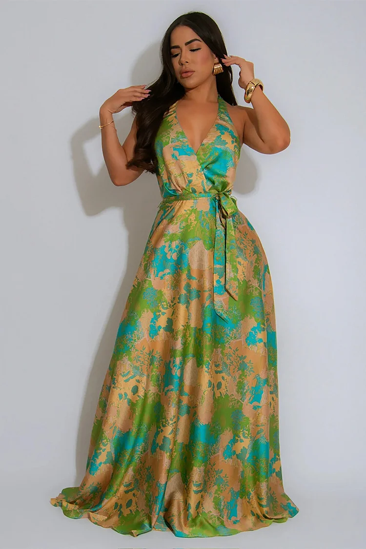 V Neck Floral Print Tie Belt Halter Maxi Dresses-Green