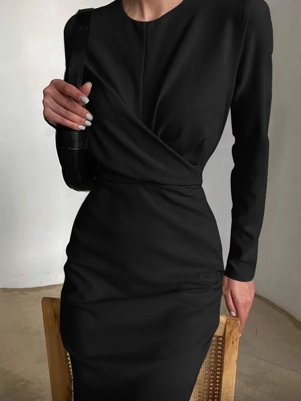 Women'S Dresses Round Neck Long Sleeve Slim Slit Midi Dress
