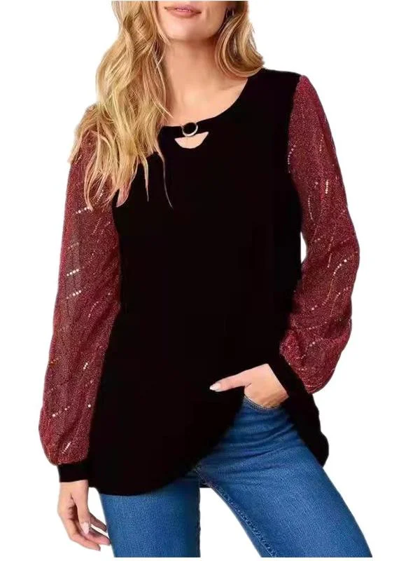 Women Long Sleeve Scoop Neck Colorblock Top