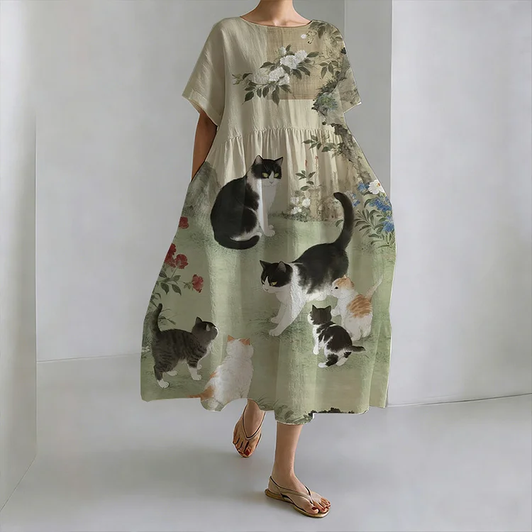 Cat Playing Under The Tree In A Leisure Dress