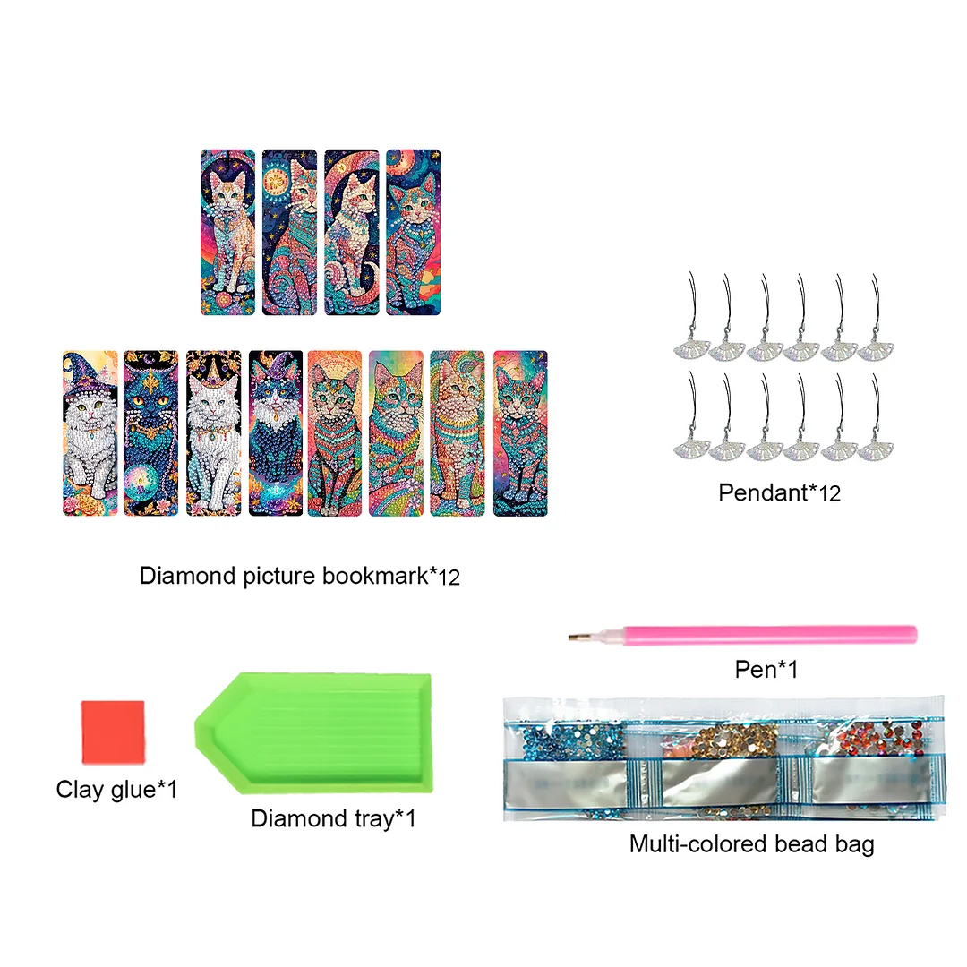 12Pcs Cat DIY Diamond Painting Bookmarks for Book Lovers Mosaic Art Supplies