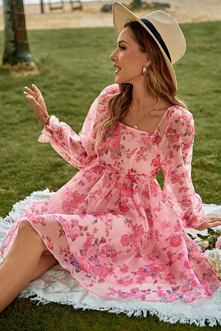 Chiffon Floral Print Square Neck Pleated Mini Dresses