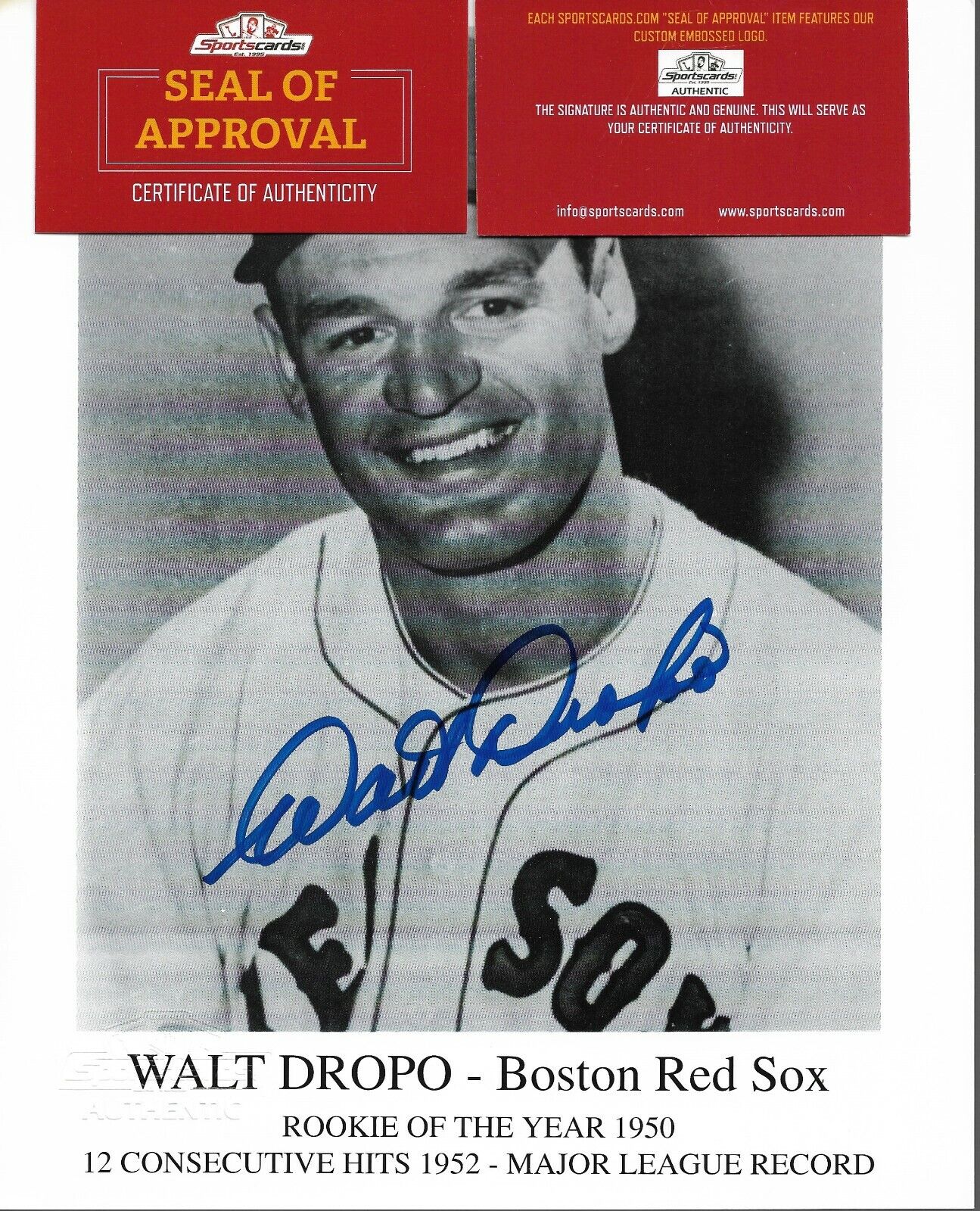 Walt Dropo Boston Red Sox Baseball Signed 8x10 Photo Poster painting MLB SC Embossed COA w Card