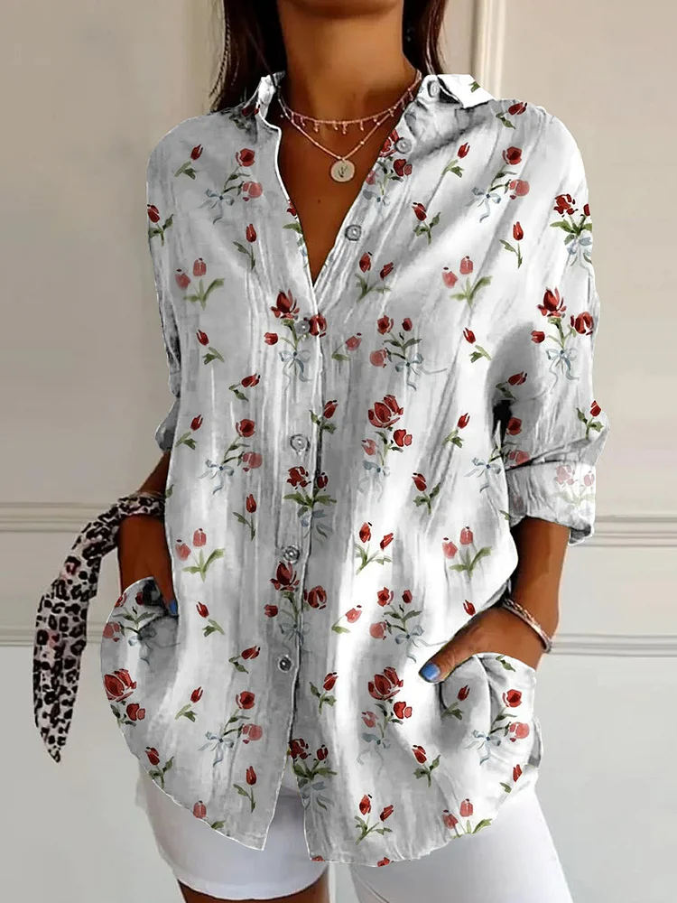 Retro Boho Floral Art Print Vintage Chic V-cuello bot&oacute;n hasta camisa de manga larga