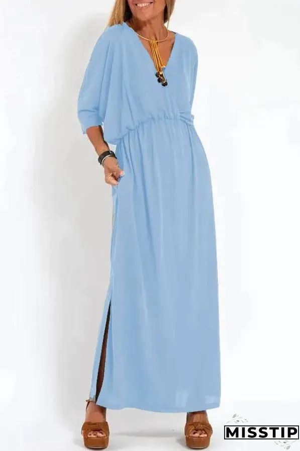 Ultimate Comfort Elastic Waist Half Sleeve Pocketed Slit Maxi Dress