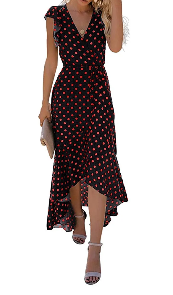 Women's Summer Floral Print Cross V Neck Dress Bohemian Flowy Long Maxi Dresse