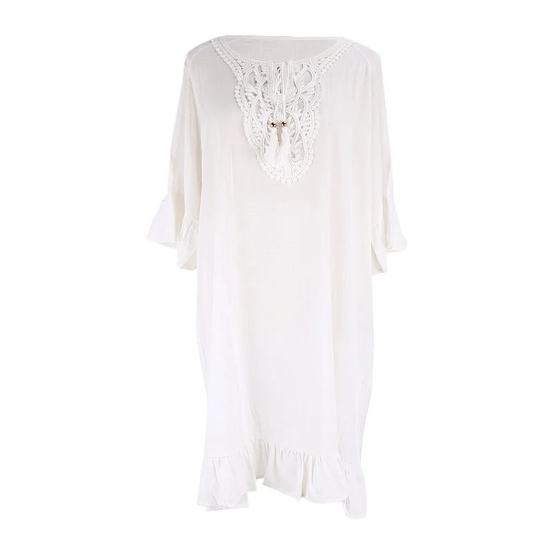 Brownm Brownm Cotton Lace Short Smock Loose Bikini Sunscreen Vacation Beach Dress Swimsuit Jacket Sand