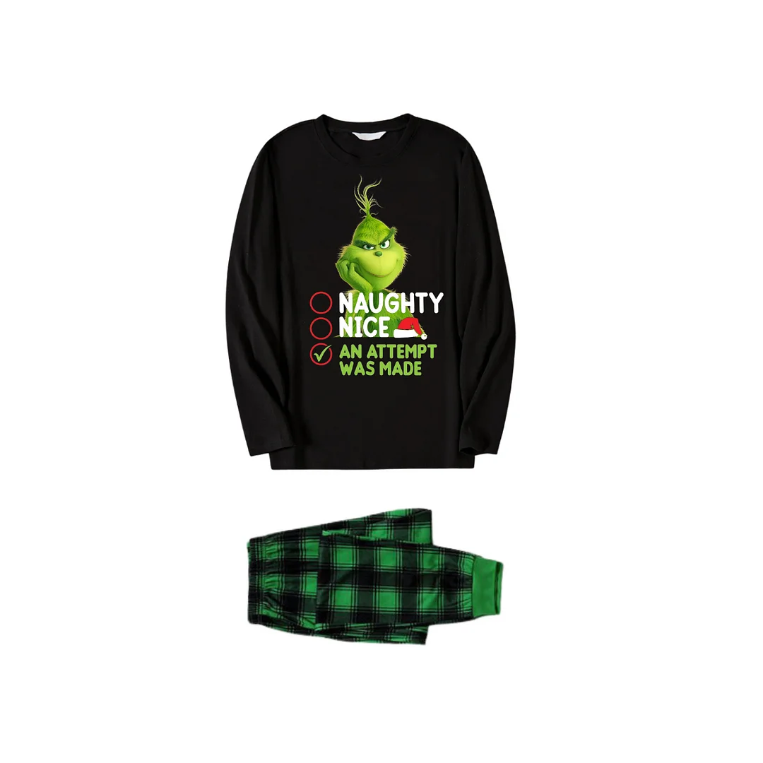 Cute Cartoon Pattern and Slogan Text Printed Black and Green Plaid Christmas Matching Pajamas