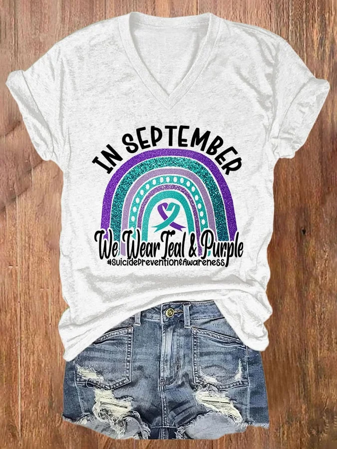 V-neck In September We Wear Teal And Purple Prevention Print T-Shirt socialshop