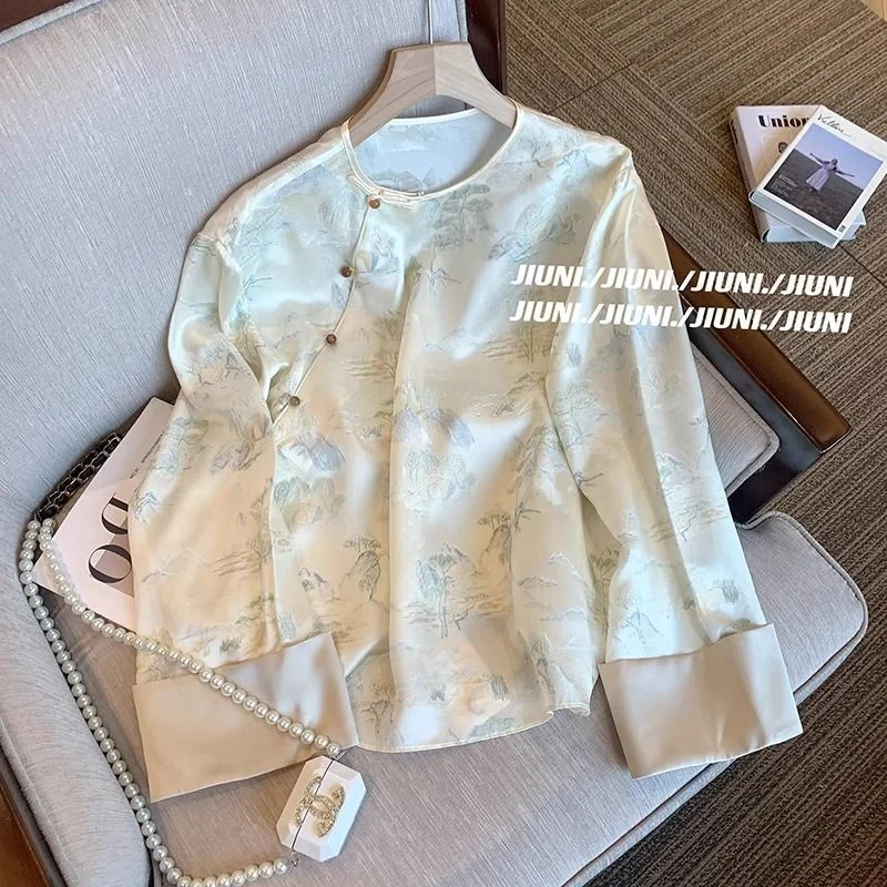 Ueong Chinese-Style Jacquard Round-Neck Satin Shirt With Oblique Lapel Button Satin Blouse 2024 Spring Retro High-Quality National Style Shirt